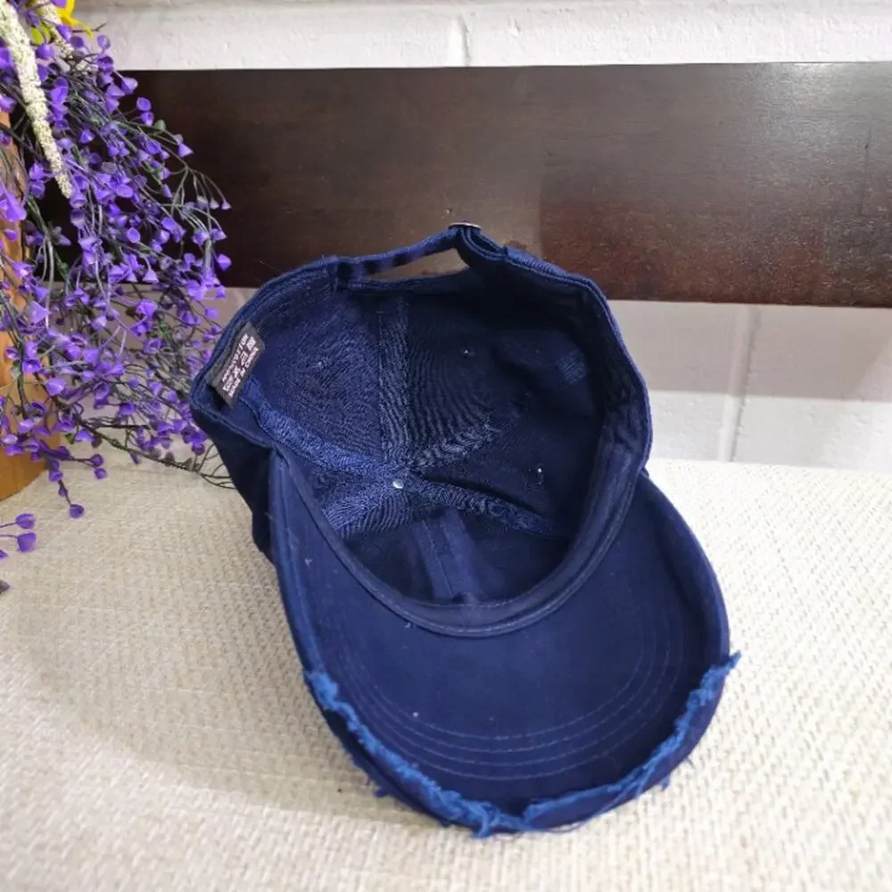 Gothic Cross Charm Distressed Denim Dad Hat Navy Blue OS Like New